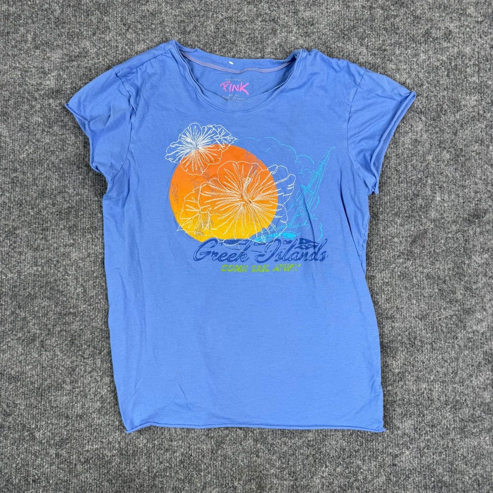 Victoria's Secret PINK T-Shirt Womens Size M/L Blue Greek Islands Graphic Cotton